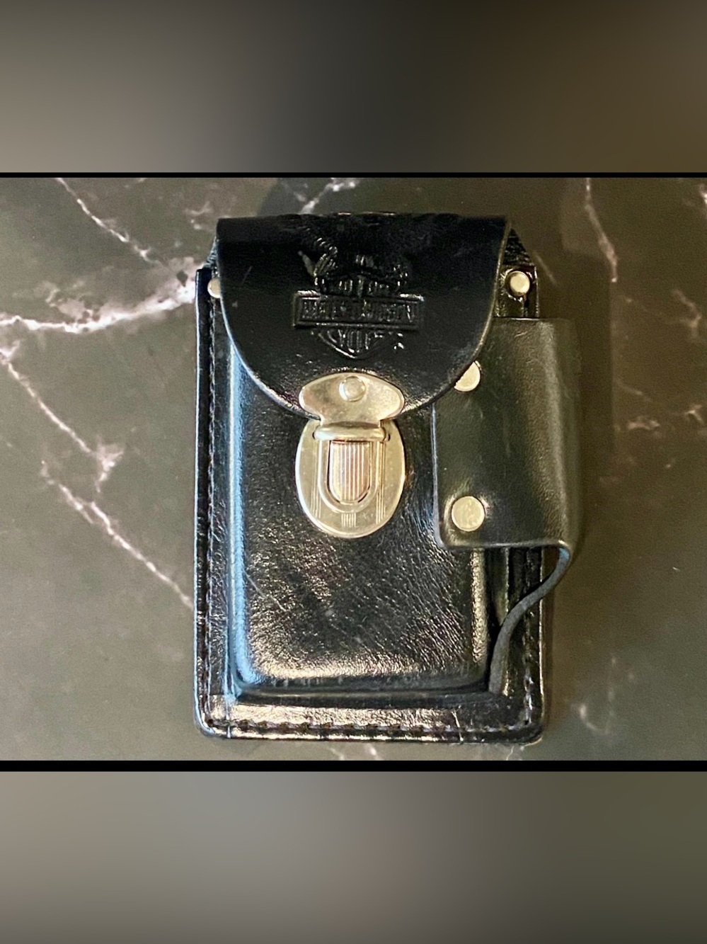 Harley-Davidson Embossed Black Leather Belt Pouch with Silver Clasp